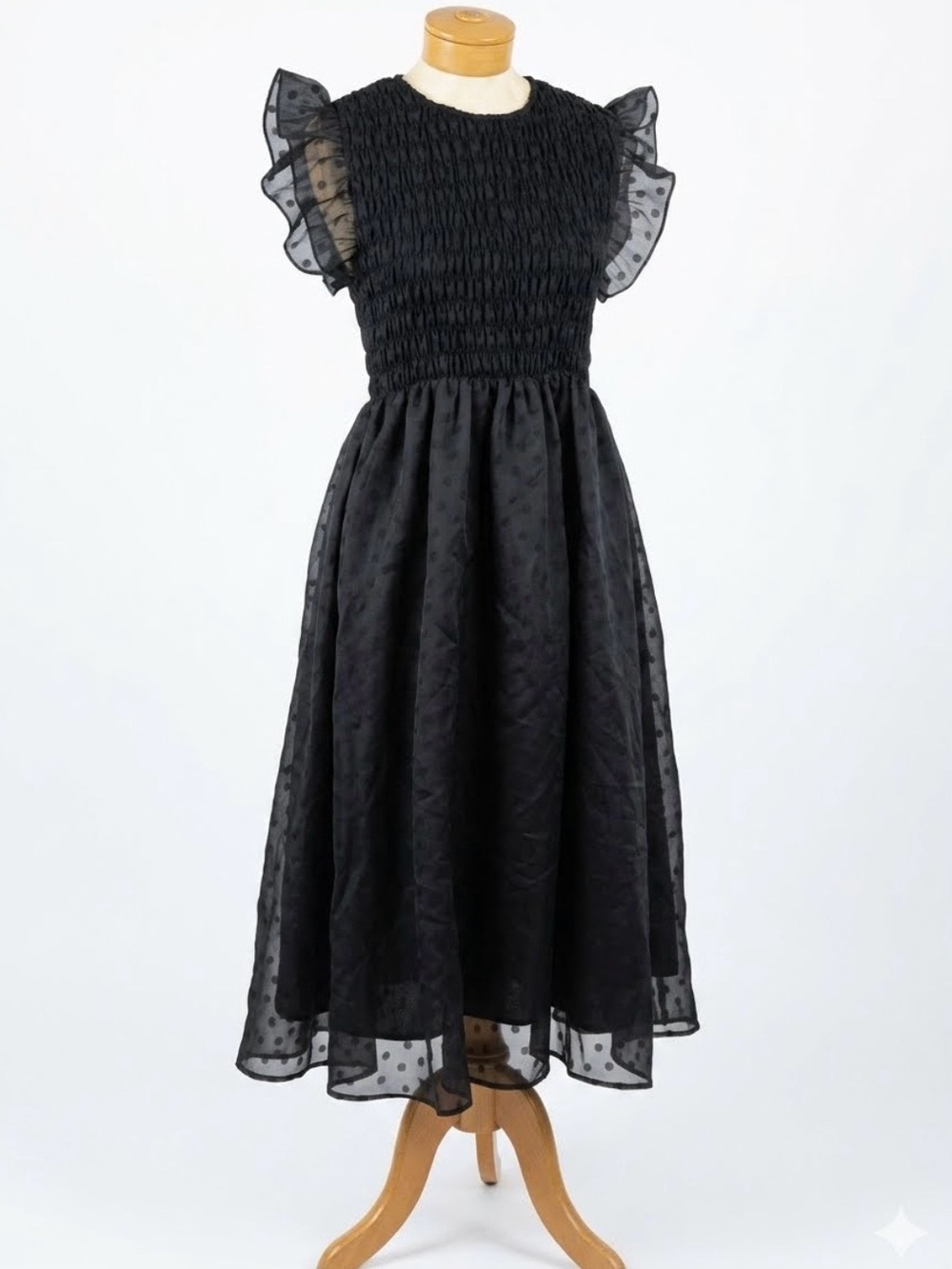 En Saison Eiffel Swiss Dot Organza Midi Dress smocked bodice & flutter sleeves